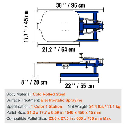 Screentrycksmaskin, silkscreentryckspress med 1 färg och 1 station, screentryckspress med 21,2x17,7 tum / 54x45 cm, positioneringspall med dubbla lager, justerbar spänning för gör-det-själv-tryck av T-shirts