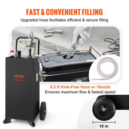 30 Gallon Gas Caddy, Fuel Storage Tank with Wheels, Portable Fuel Caddy with Manuel Transfer Pump, Gasoline Diesel Fuel Container for Cars, Lawn Mowers, ATVs, Boats, More, Black