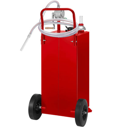 30 Gallon Fuel Caddy, Fuel Storage Tank on 2 Wheels, Portable Gas Caddy with Manuel Transfer Pump, Gasoline Diesel Fuel Container for Cars, Lawn Mowers, ATVs, Boats, More, Red