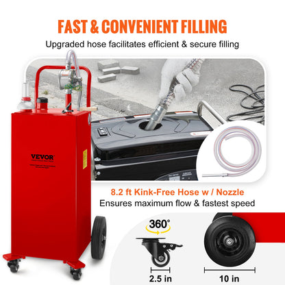30 Gallon Fuel Caddy, Gas Storage Tank & 4 Wheels, with Manuel Transfer Pump, Gasoline Diesel Fuel Container for Cars, Lawn Mowers, ATVs, Boats, More, Red
