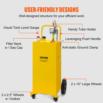 30 Gallon Fuel Caddy, Gas Storage Tank & 4 Wheels, with Manuel Transfer Pump, Gasoline Diesel Fuel Container for Cars, Lawn Mowers, ATVs, Boats, More, Yellow