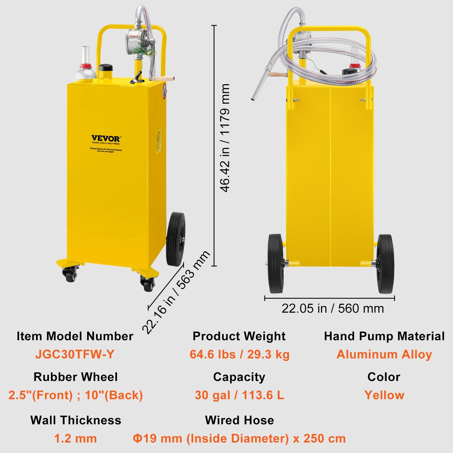 30 Gallon Fuel Caddy, Gas Storage Tank & 4 Wheels, with Manuel Transfer Pump, Gasoline Diesel Fuel Container for Cars, Lawn Mowers, ATVs, Boats, More, Yellow