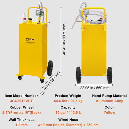 30 Gallon Fuel Caddy, Gas Storage Tank & 4 Wheels, with Manuel Transfer Pump, Gasoline Diesel Fuel Container for Cars, Lawn Mowers, ATVs, Boats, More, Yellow