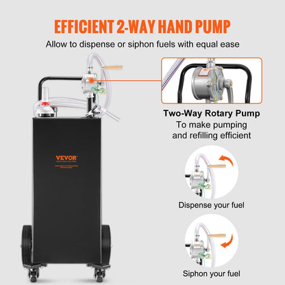 Fuel Caddy, 35 Gallon, Gas Storage Tank on 4 Wheels, with Manual Transfer Pump, Gasoline Diesel Fuel Container for Cars, Lawn Mowers, ATVs, Boats, More, Black