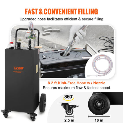 Fuel Caddy, 35 Gallon, Gas Storage Tank on 4 Wheels, with Manual Transfer Pump, Gasoline Diesel Fuel Container for Cars, Lawn Mowers, ATVs, Boats, More, Black