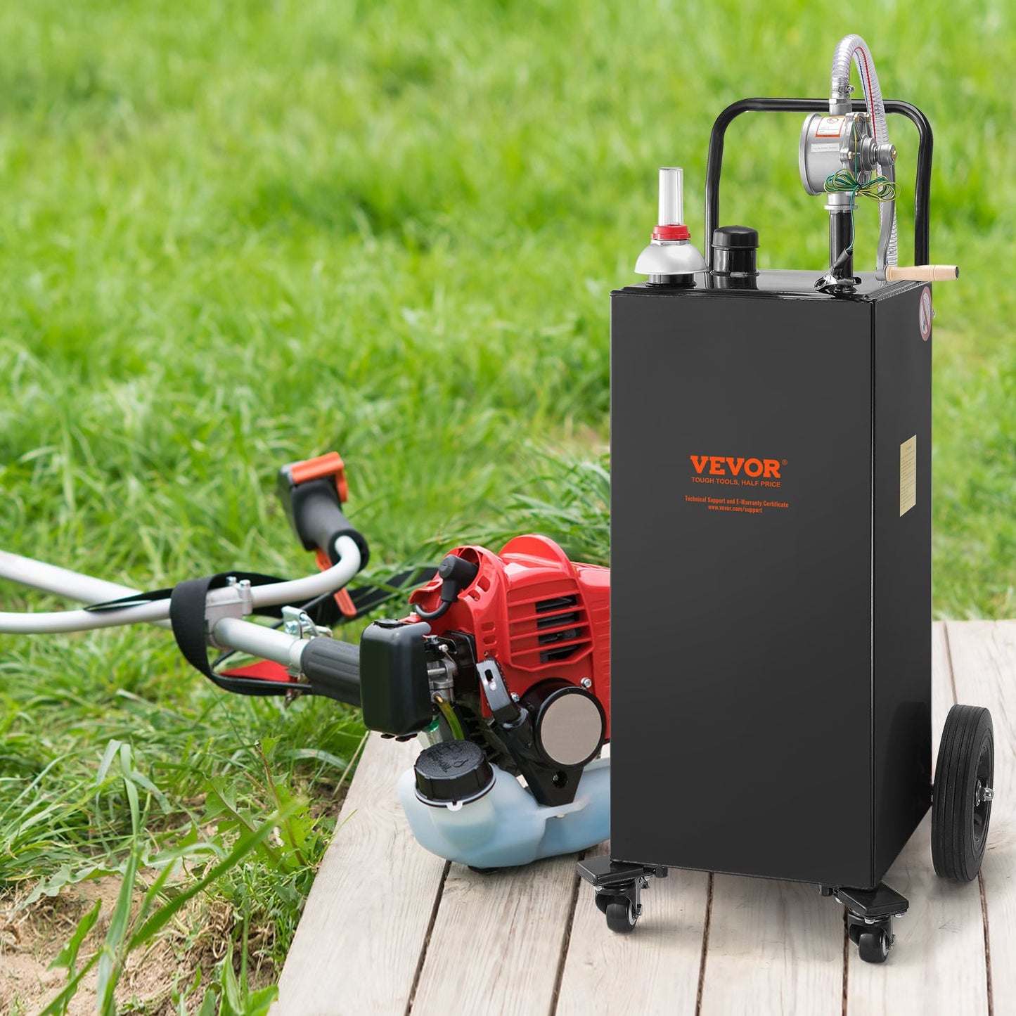 Fuel Caddy, 35 Gallon, Gas Storage Tank on 4 Wheels, with Manual Transfer Pump, Gasoline Diesel Fuel Container for Cars, Lawn Mowers, ATVs, Boats, More, Black