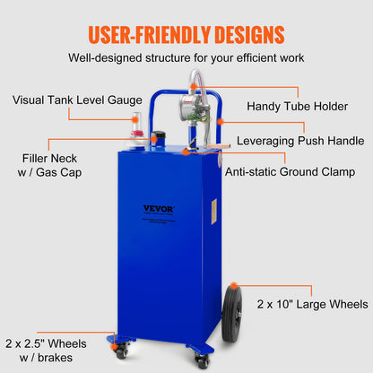 30 Gallon Fuel Caddy, Gas Storage Tank & 4 Wheels, with Manuel Transfer Pump, Gasoline Diesel Fuel Container for Cars, Lawn Mowers, ATVs, Boats, More, Blue