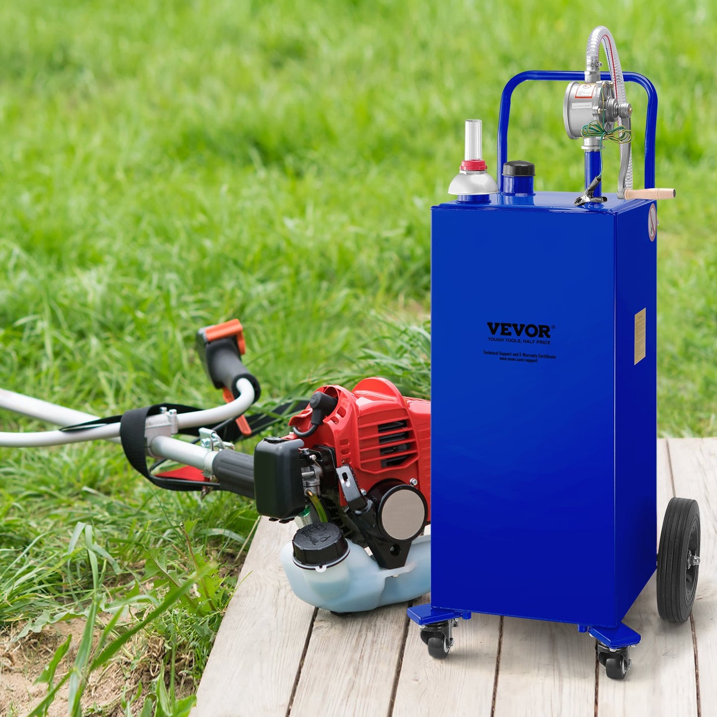 30 Gallon Fuel Caddy, Gas Storage Tank & 4 Wheels, with Manuel Transfer Pump, Gasoline Diesel Fuel Container for Cars, Lawn Mowers, ATVs, Boats, More, Blue