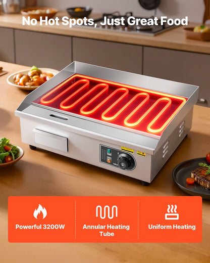 Commercial Electric Griddle, 535 x 300 mm, 3200W, 50-300°C Adjustable Temp Control, Stainless Steel Countertop Flat Top Grill with 2 Spatulas, 2 Brushes and 4 Foot Pads, for Steak, Pancake