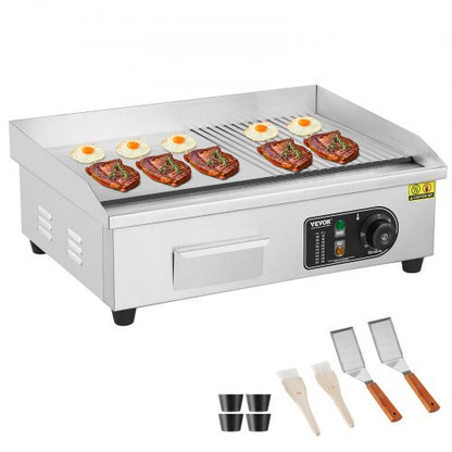 Kommersiell elektrisk stekhäll, 3200W halvplatt grill för bänkskiva, justerbar temperatur 39°C-160°C, 54,5x28,5x1,2 cm rostfritt stål med 2 spadar och 2 borstar för hemmet eller restaurangen