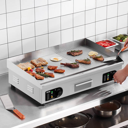 Kommersiell elektrisk stekhäll, 4400W halvplatt grill för bänkskiva, justerbar temperatur 39°C-160°C, 61x38x1,2 cm rostfri stekhäll med 2 spadar och 2 borstar för hemmet eller restaurangen