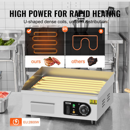 Kommersiell elektrisk stekhäll, 2800W platt grill för bänkskiva, 122℉-572 ℉ justerbar temperatur, 17,72 x 11,81 x 0,39 tum rostfri stekhäll med 2 spadar och 2 borstar för hemmet eller restaurangen