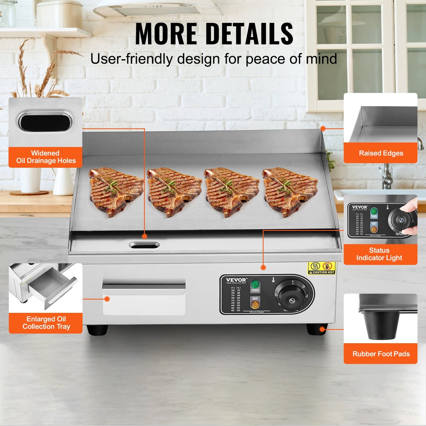 Kommersiell elektrisk stekhäll, 2800W platt grill för bänkskiva, 122℉-572 ℉ justerbar temperatur, 17,72 x 11,81 x 0,39 tum rostfri stekhäll med 2 spadar och 2 borstar för hemmet eller restaurangen