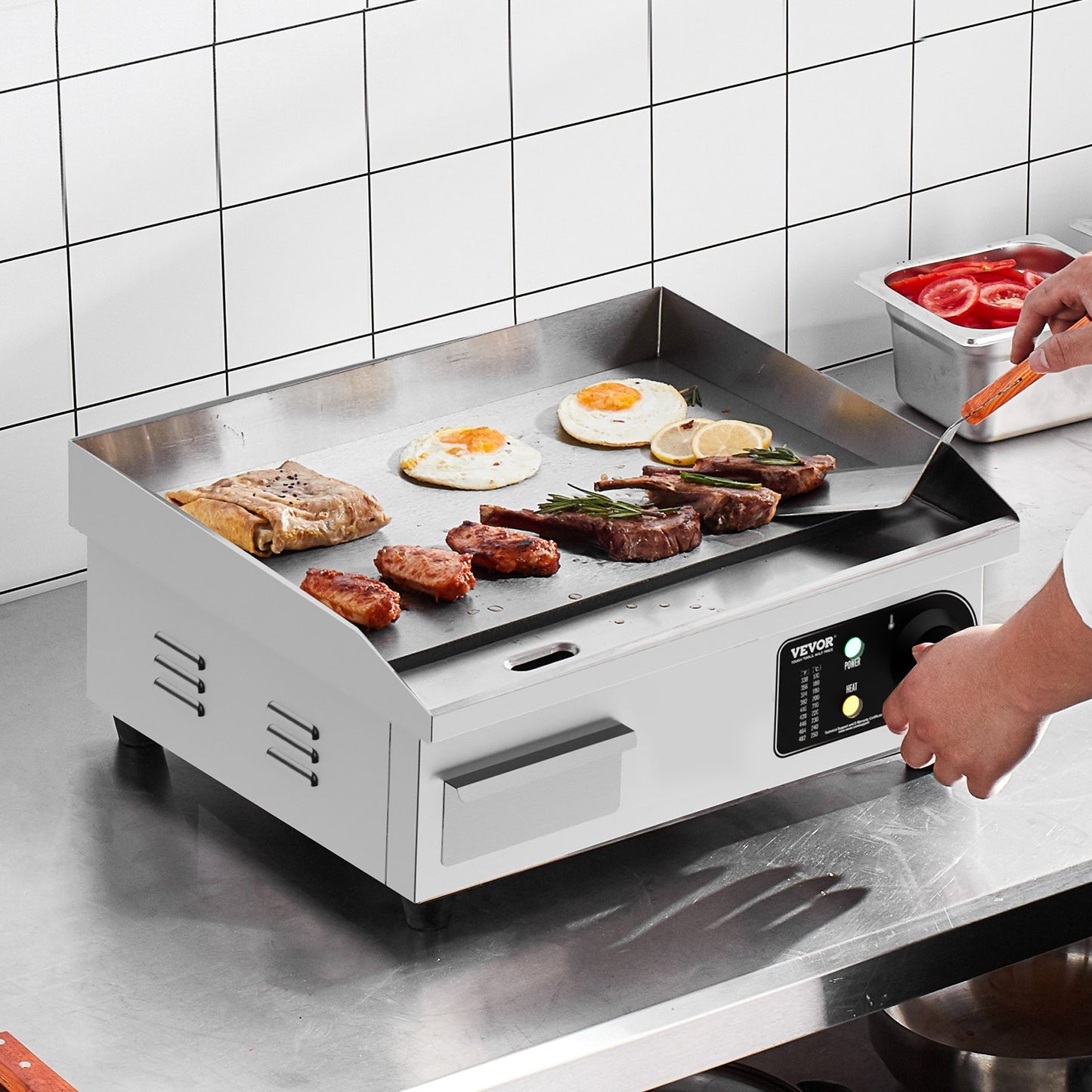 Kommersiell elektrisk stekhäll, 2800W platt grill för bänkskiva, 122℉-572 ℉ justerbar temperatur, 17,72 x 11,81 x 0,39 tum rostfri stekhäll med 2 spadar och 2 borstar för hemmet eller restaurangen