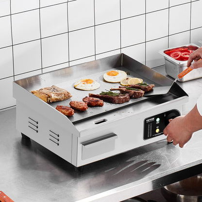 Kommersiell elektrisk stekhäll, 2800W platt grill för bänkskiva, 122℉-572 ℉ justerbar temperatur, 17,72 x 11,81 x 0,39 tum rostfri stekhäll med 2 spadar och 2 borstar för hemmet eller restaurangen