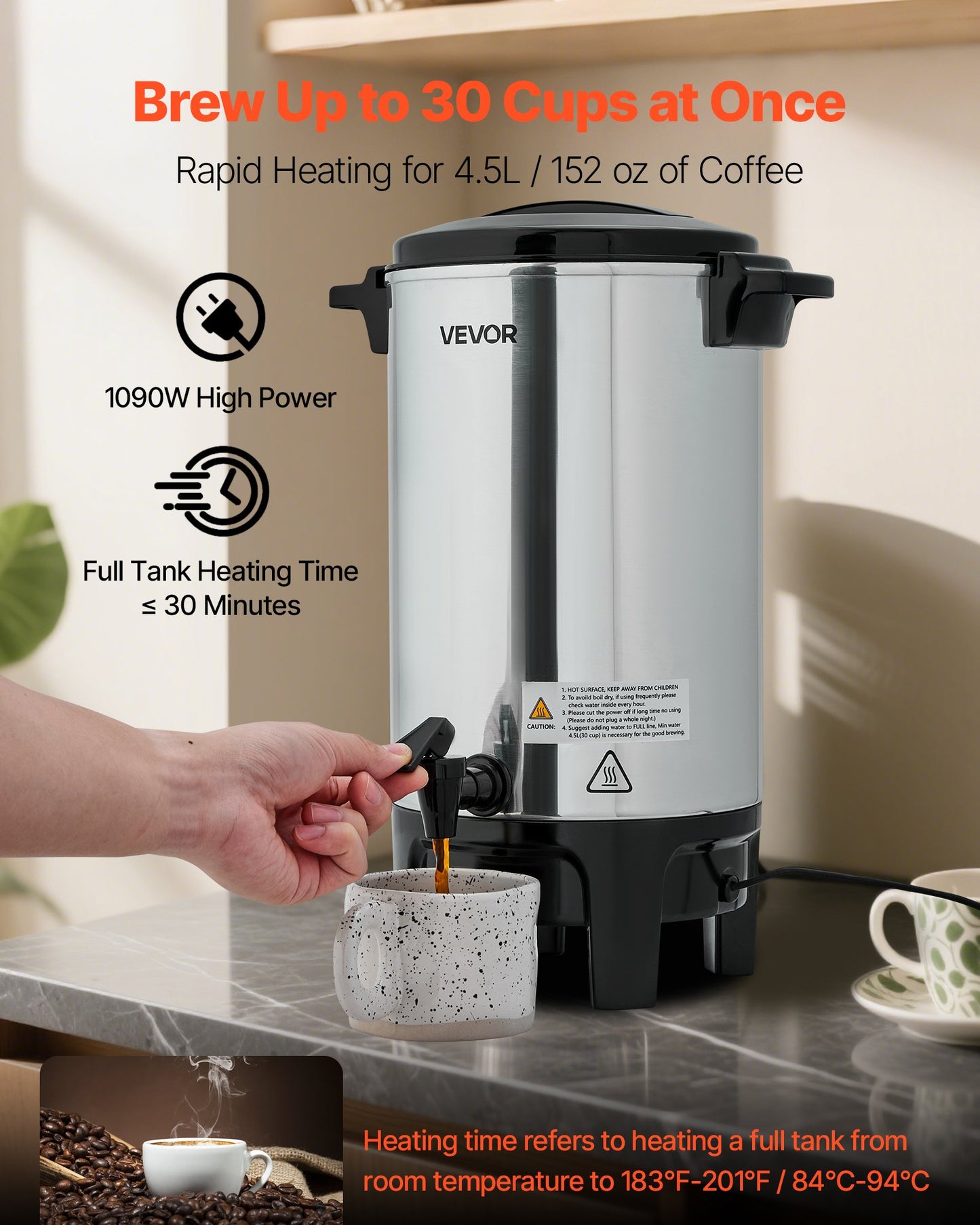 Commercial Coffee Urn, 30 Cup 4.5 L Hot Beverage Dispenser with Dripless Faucet, Quick-Brewing Commercial Coffee Maker, Automatic Temperature Control, for Catering, Party, Church & Restaurant