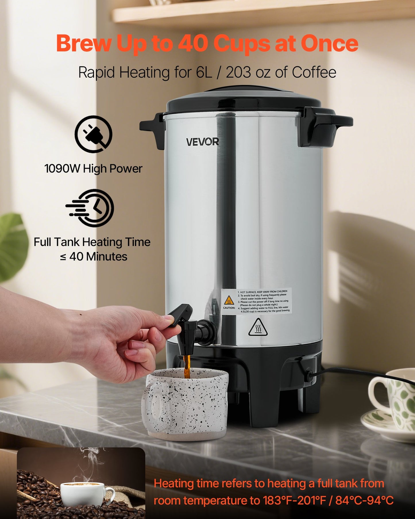 Commercial Coffee Urn, 40 Cup 6 L Hot Beverage Dispenser with Dripless Faucet, Quick-Brewing Commercial Coffee Maker, Automatic Temperature Control, for Catering, Party, Church & Restaurant