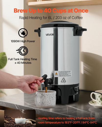 Commercial Coffee Urn, 40 Cup 6 L Hot Beverage Dispenser with Dripless Faucet, Quick-Brewing Commercial Coffee Maker, Automatic Temperature Control, for Catering, Party, Church & Restaurant