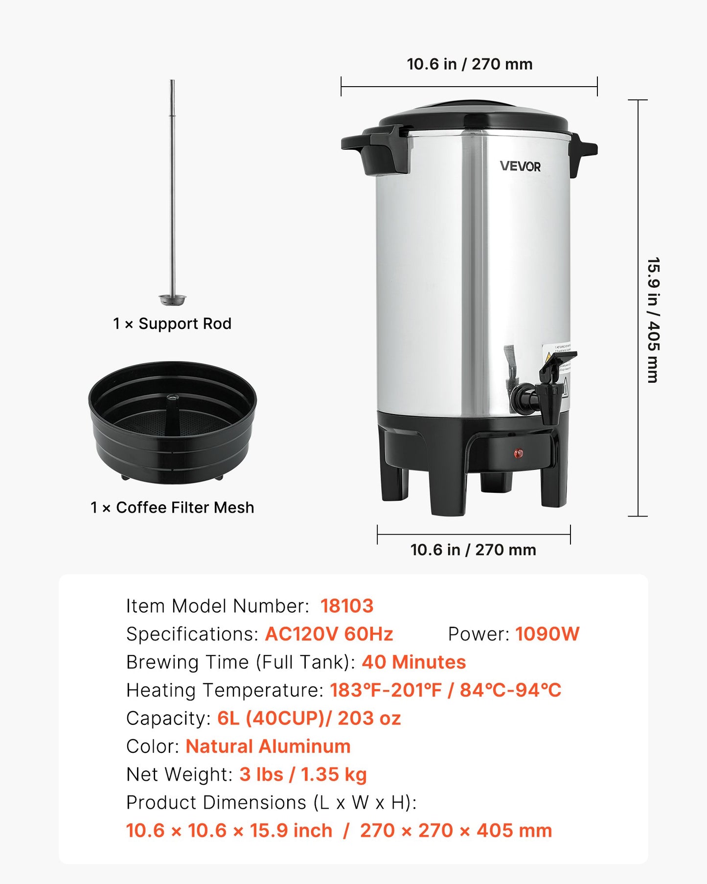 Commercial Coffee Urn, 40 Cup 6 L Hot Beverage Dispenser with Dripless Faucet, Quick-Brewing Commercial Coffee Maker, Automatic Temperature Control, for Catering, Party, Church & Restaurant
