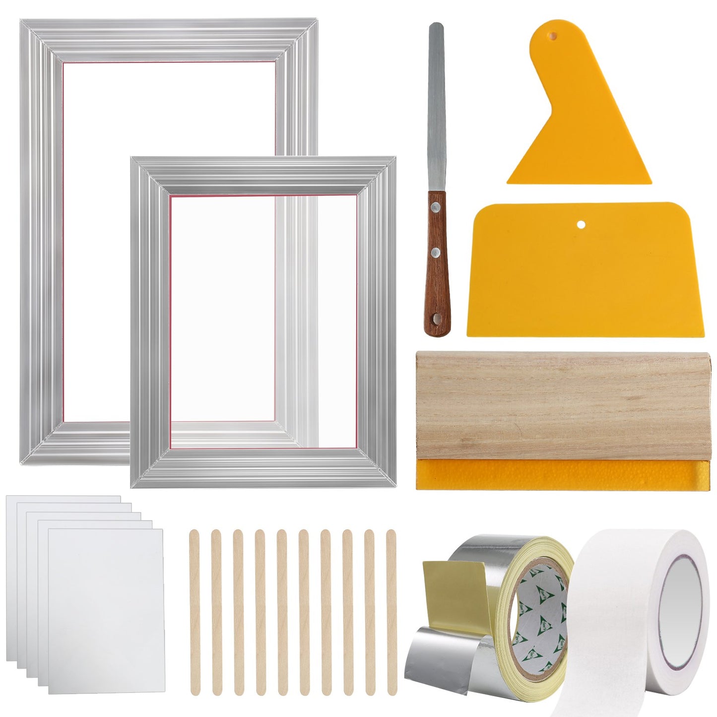 Screentryckssats, 2 delar aluminiumramar för silkscreentryck, 8x10/10x14 tum, 110-tums nät, 2 tejper och screentrycksskrapor och transparentfilm för t-shirts, gör-det-själv-tryck