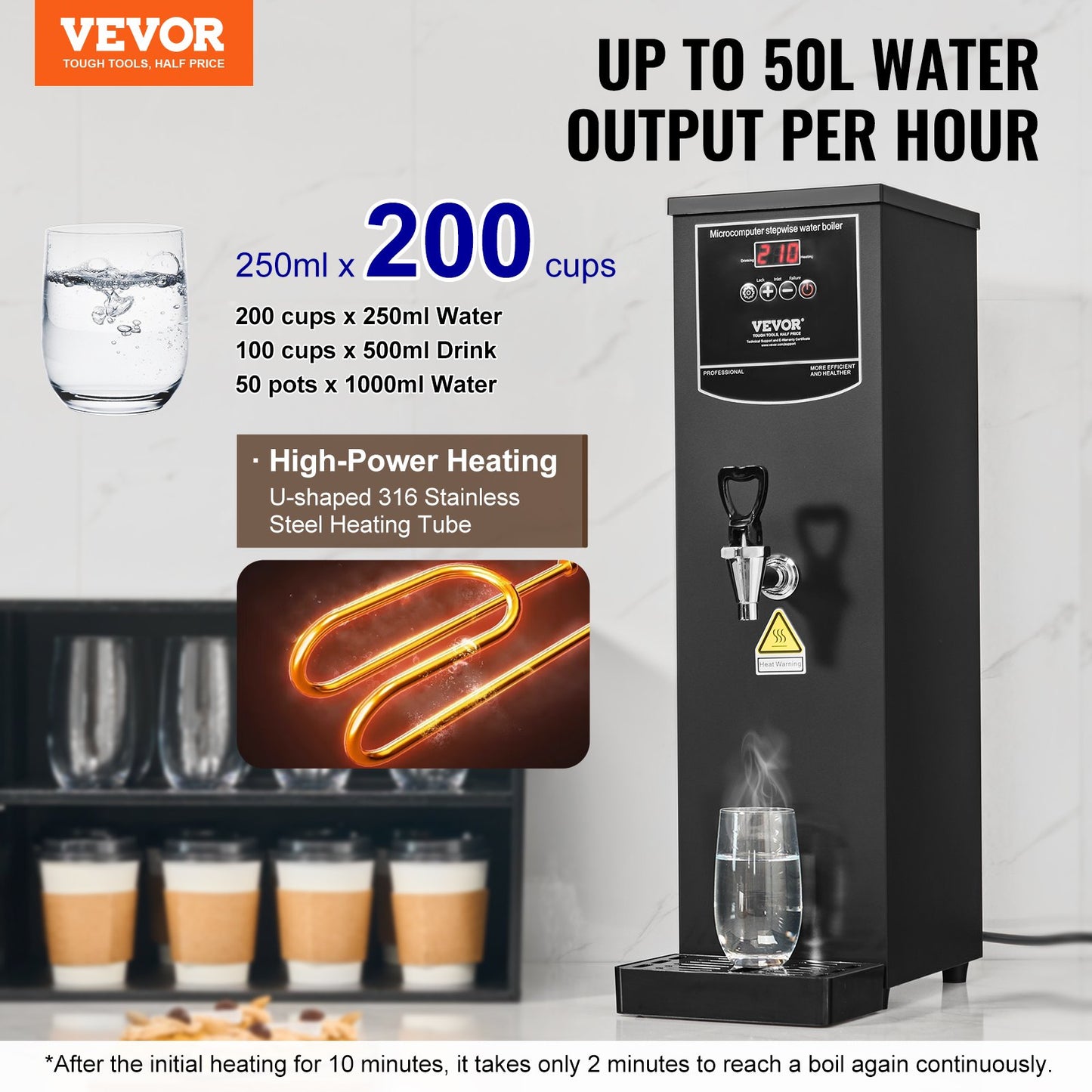 Commercial Water Boiler, Electric Hot Water Dispenser with 316 Stainless Steel Heating Tube, 2500W Step-by-step Fast Heating 50L per Hour Hot Water Boiler, for Coffee Tea Restaurant Office