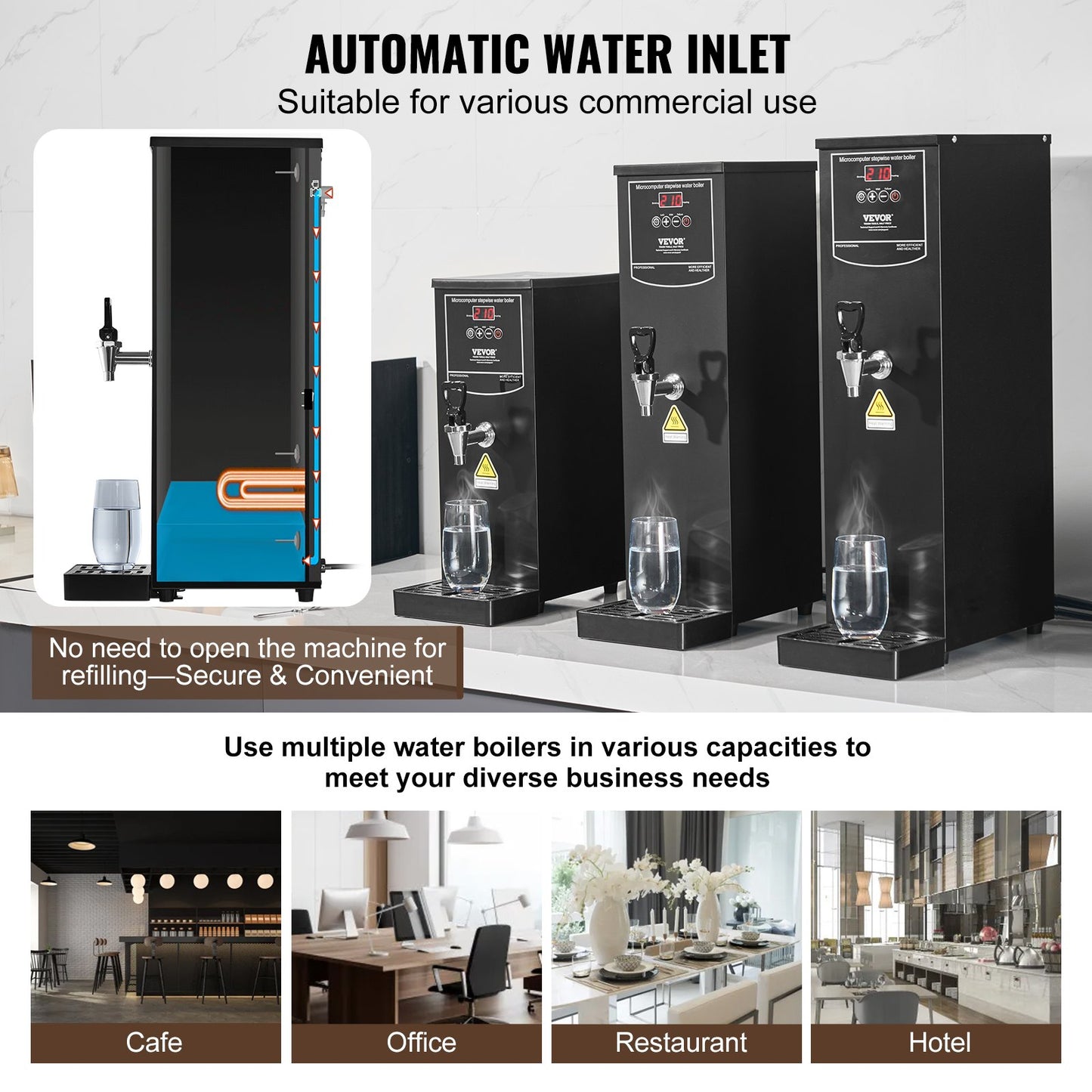 Commercial Water Boiler, Electric Hot Water Dispenser with 316 Stainless Steel Heating Tube, 2500W Step-by-step Fast Heating 50L per Hour Hot Water Boiler, for Coffee Tea Restaurant Office