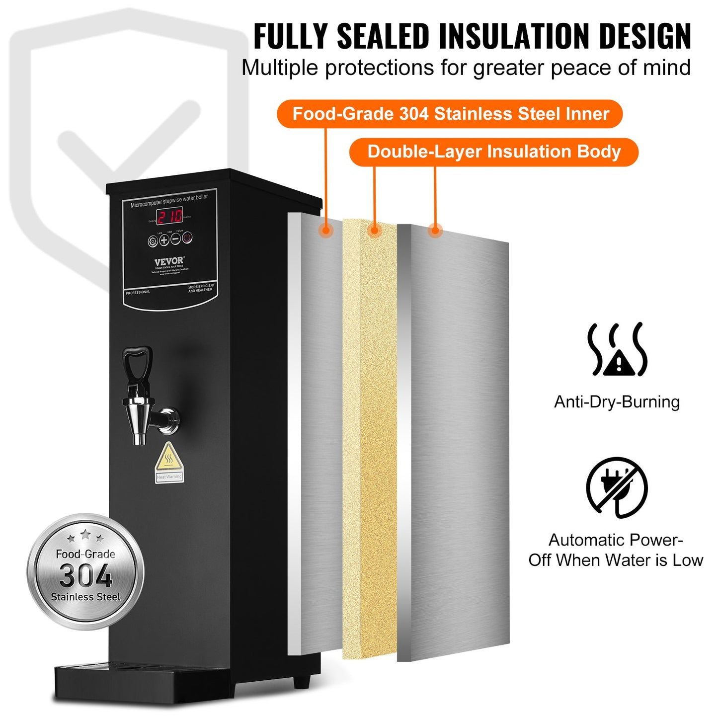 Commercial Water Boiler, Electric Hot Water Dispenser with 316 Stainless Steel Heating Tube, 2500W Step-by-step Fast Heating 50L per Hour Hot Water Boiler, for Coffee Tea Restaurant Office