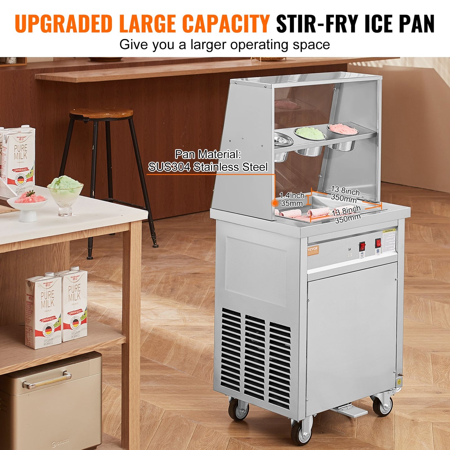 Fried Ice Cream Roll Machine, 13.8" x 13.8" Square Stir-Fried Ice Cream Pan, Stainless Steel Commercial Rolled Ice Cream Maker with Compressor and 2 Scrapers, for Making Ice Cream, Frozen Yogurt