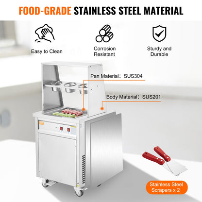 Fried Ice Cream Roll Machine, 13.8" x 13.8" Square Stir-Fried Ice Cream Pan, Stainless Steel Commercial Rolled Ice Cream Maker with Compressor and 2 Scrapers, for Making Ice Cream, Frozen Yogurt