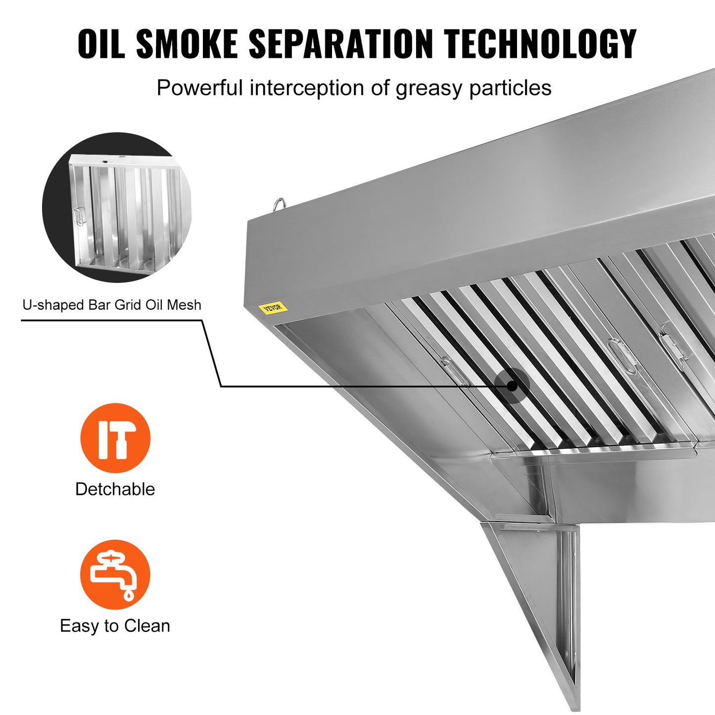Commercial Exhaust Hood, 1.5 m Food Truck Hood Exhaust, 201 Stainless Steel Concession Trailer Hood with 2 Detachable U-shaped Grid Oil Filter Mesh, Rust Resistant Vent Hood for Kitchen Restaurant