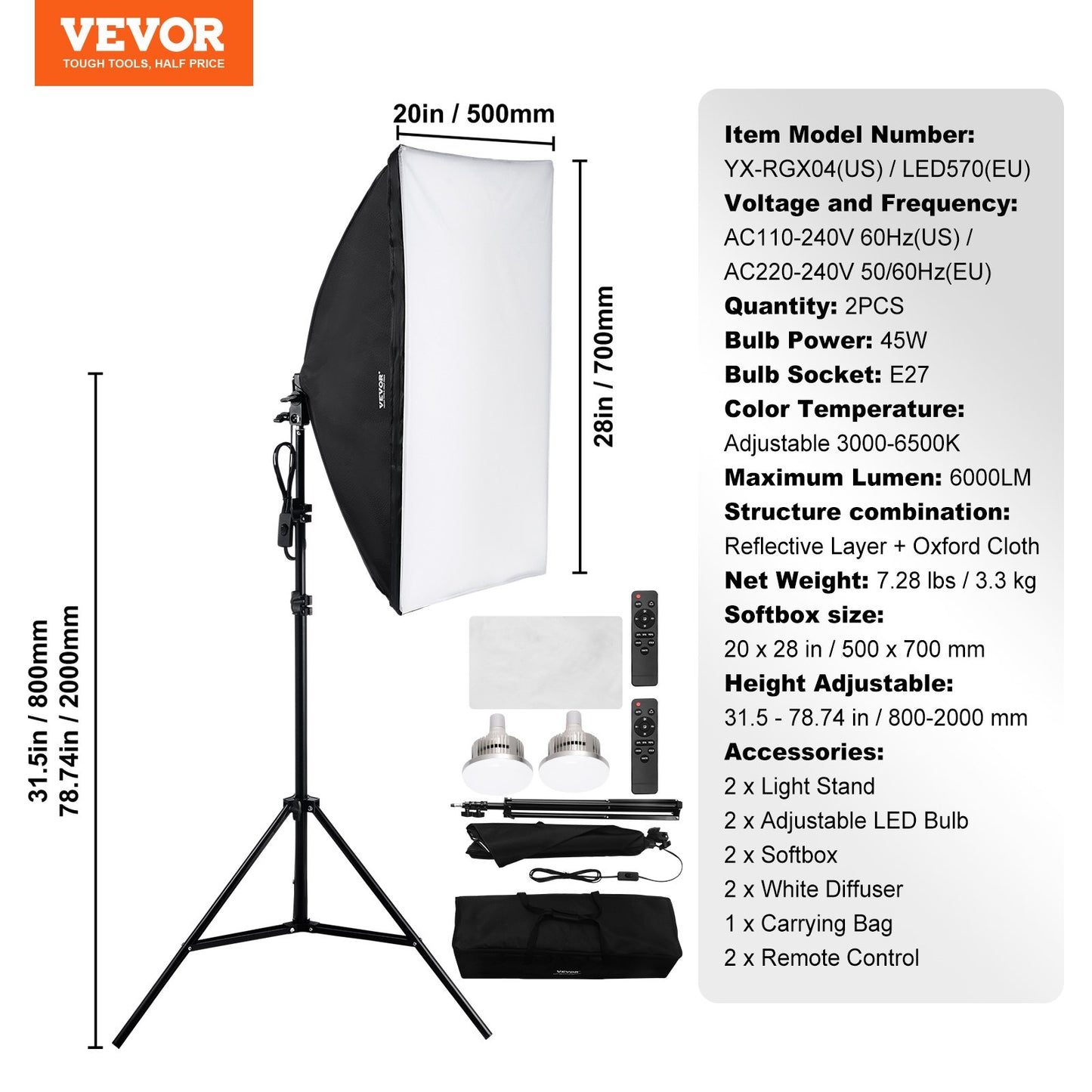 Softboxbelysningskit 50x70 cm / 20x28 tum 45W 3000-6500K LED-lampor för fotografering