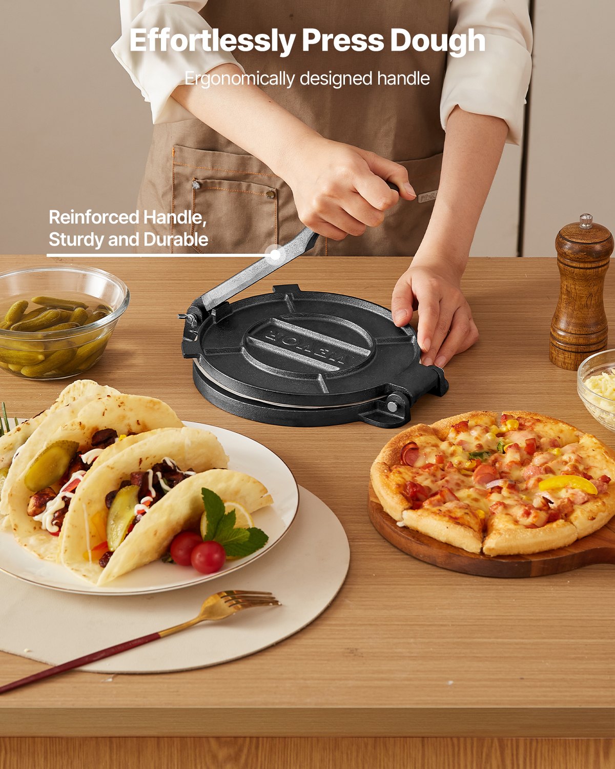 Tortilla Press, 10 Inch Cast Iron Tortilla and Roti Maker, Heavy Duty Tortilladora Press, Pataconera Makers with Handle and 100 Pcs Parchment Paper, Dough Taco Press for Flour Tortilla, Tawa