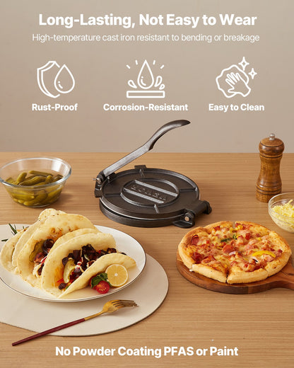 Tortilla Press, 10 Inch Cast Iron Tortilla and Roti Maker, Heavy Duty Tortilladora Press, Pataconera Makers with Handle and 100 Pcs Parchment Paper, Dough Taco Press for Flour Tortilla, Tawa