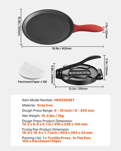 Tortilla Press, 10 Inch Cast Iron Tortilla and Roti Maker, Heavy Duty Tortilladora Press, Pataconera Makers with Handle and 100 Pcs Parchment Paper, Dough Taco Press for Flour Tortilla, Tawa