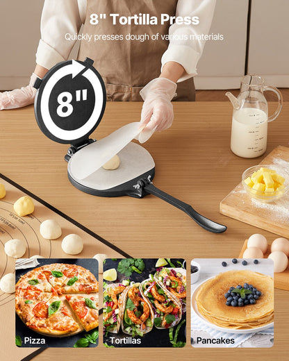 Tortilla Press, 8 Inch Cast Iron Tortilla and Roti Maker, Heavy Duty Tortilladora Press, Pataconera Makers with Handle and 100 Pcs Parchment Paper, Dough Taco Press for Flour Tortilla, Tawa