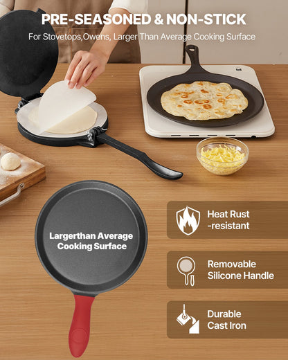 Tortilla Press, 8 Inch Cast Iron Tortilla and Roti Maker, Heavy Duty Tortilladora Press, Pataconera Makers with Handle and 100 Pcs Parchment Paper, Dough Taco Press for Flour Tortilla, Tawa