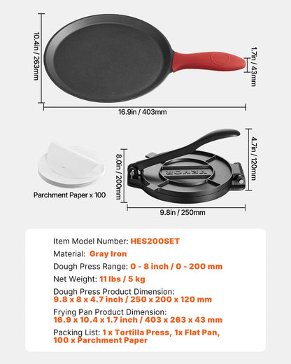 Tortilla Press, 8 Inch Cast Iron Tortilla and Roti Maker, Heavy Duty Tortilladora Press, Pataconera Makers with Handle and 100 Pcs Parchment Paper, Dough Taco Press for Flour Tortilla, Tawa