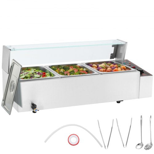 3-Pan Commercial Food Warmer, 3 x 8QT Electric Steam Table with Glass Cover, 1500W Countertop Stainless Steel Buffet Bain Marie 86-185°F Temp Control for Catering, Restaurants, Silver