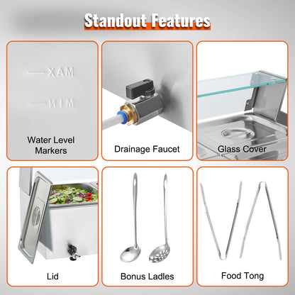 3-Pan Commercial Food Warmer, 3 x 8QT Electric Steam Table with Glass Cover, 1500W Countertop Stainless Steel Buffet Bain Marie 86-185°F Temp Control for Catering, Restaurants, Silver