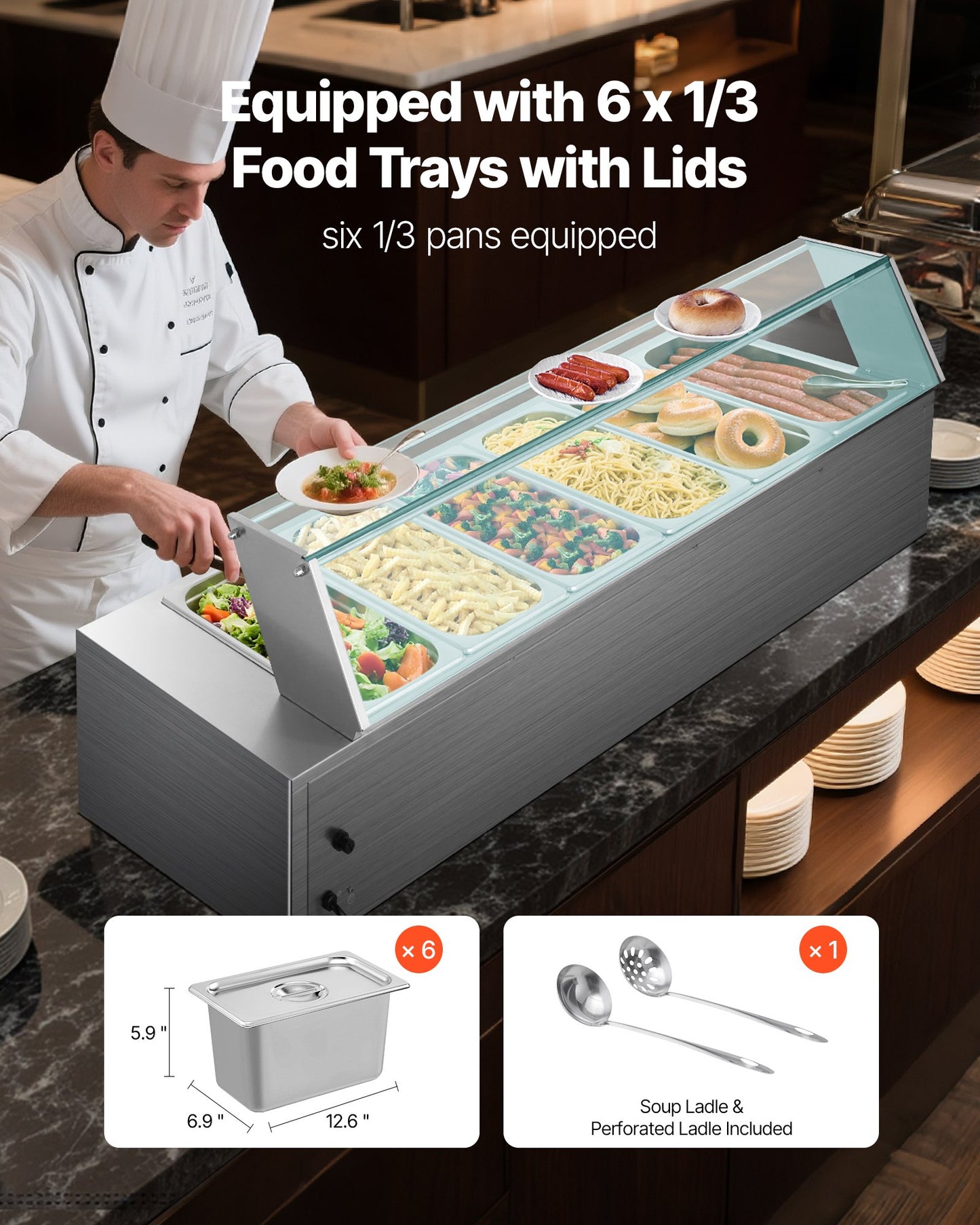Commercial Food Warmer, 1500W Electric Stainless Steel Steam Food Warmer with Glass Cover, 6 x 1/3 Size Pans Buffet Bain Marie with Soup & Perforated Ladles, for Catering, Restaurant & Party