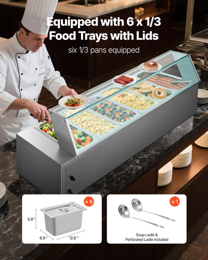 Commercial Food Warmer, 1500W Electric Stainless Steel Steam Food Warmer with Glass Cover, 6 x 1/3 Size Pans Buffet Bain Marie with Soup & Perforated Ladles, for Catering, Restaurant & Party