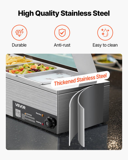 Commercial Food Warmer, 1500W Electric Stainless Steel Steam Food Warmer with Glass Cover, 6 x 1/3 Size Pans Buffet Bain Marie with Soup & Perforated Ladles, for Catering, Restaurant & Party
