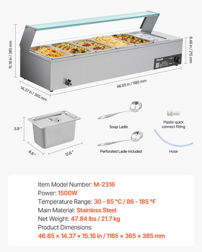 Commercial Food Warmer, 1500W Electric Stainless Steel Steam Food Warmer with Glass Cover, 6 x 1/3 Size Pans Buffet Bain Marie with Soup & Perforated Ladles, for Catering, Restaurant & Party