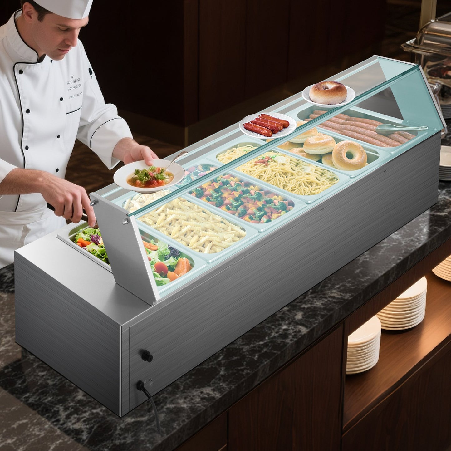 Commercial Food Warmer, 1500W Electric Stainless Steel Steam Food Warmer with Glass Cover, 6 x 1/3 Size Pans Buffet Bain Marie with Soup & Perforated Ladles, for Catering, Restaurant & Party