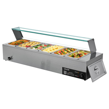 Commercial Food Warmer, 1500W Electric Stainless Steel Steam Food Warmer with Glass Cover, 6 x 1/3 Size Pans Buffet Bain Marie with Soup & Perforated Ladles, for Catering, Restaurant & Party
