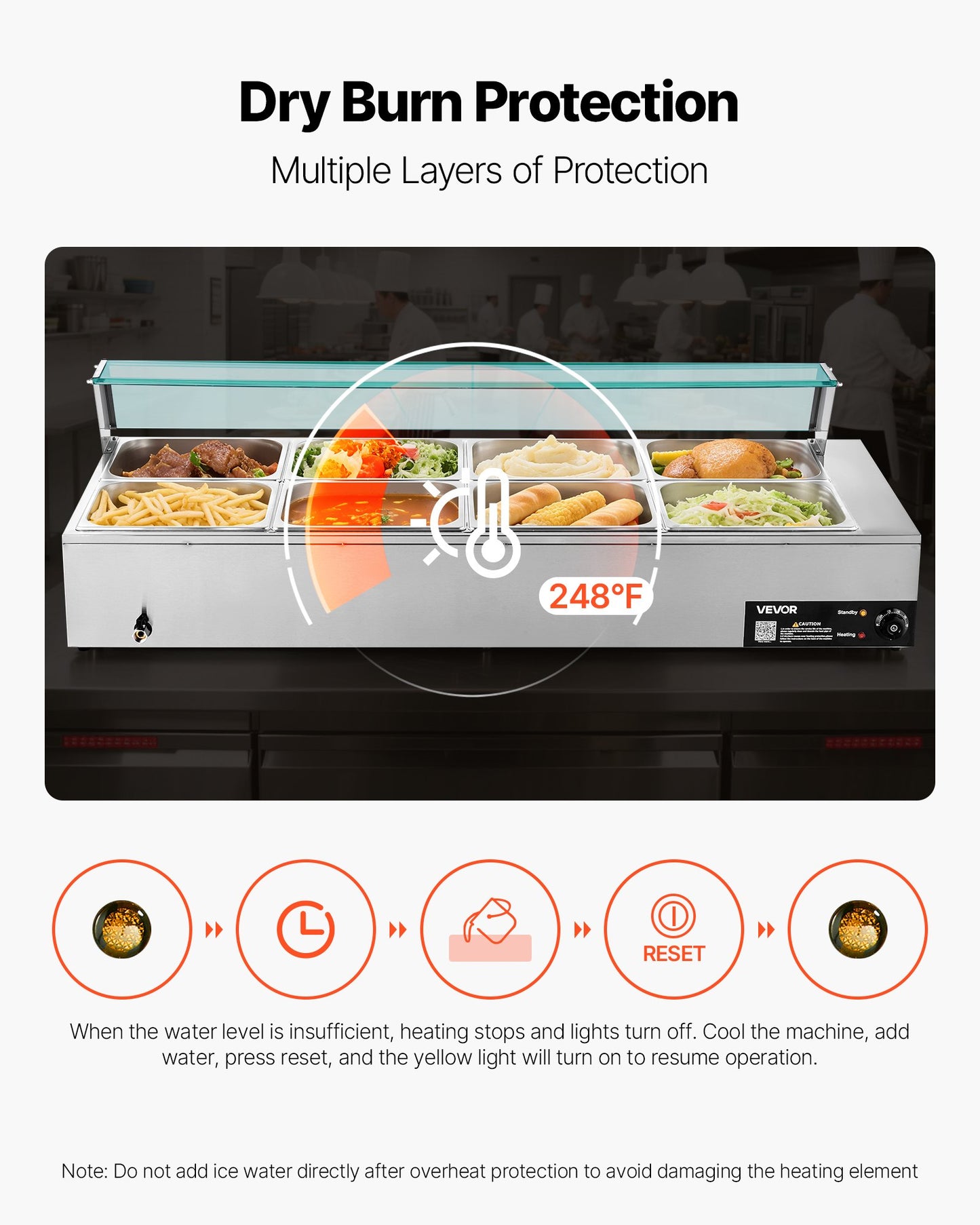 Kommersiell matvärmare, 1700W elektrisk ångvärmare i rostfritt stål med glaslock, bänkskiva med 8 bänkskivor, buffé med vattenbad, soppa och perforerade slevar, för catering, restaurang och fester