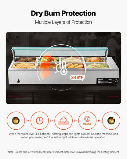 Kommersiell matvärmare, 1700W elektrisk ångvärmare i rostfritt stål med glaslock, bänkskiva med 8 bänkskivor, buffé med vattenbad, soppa och perforerade slevar, för catering, restaurang och fester