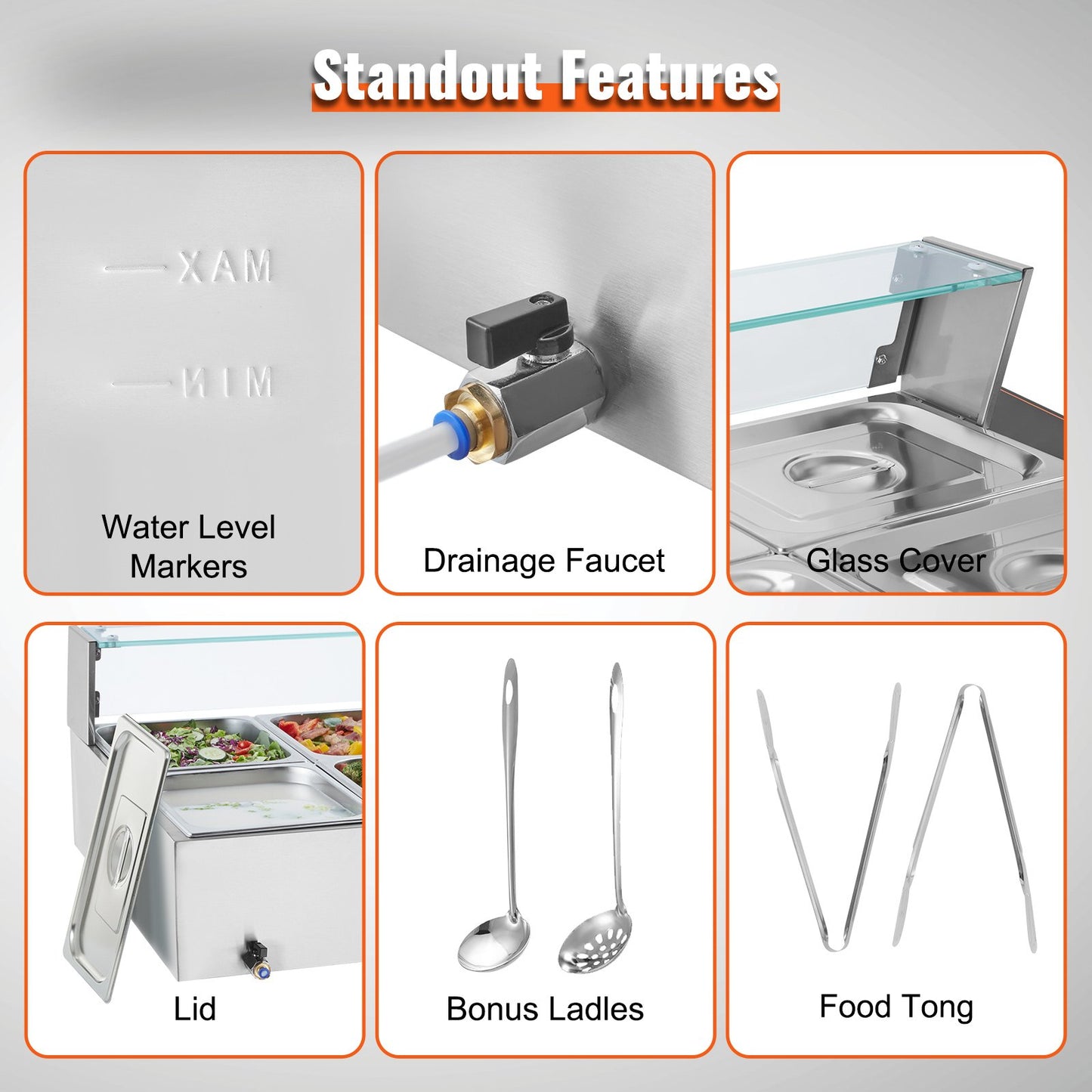 8-Pan Commercial Food Warmer, 8 x 8QT Electric Steam Table with Glass Cover, 1700W Countertop Stainless Steel Buffet Bain Marie 86-185°F Temp Control for Catering, Restaurants, Silver