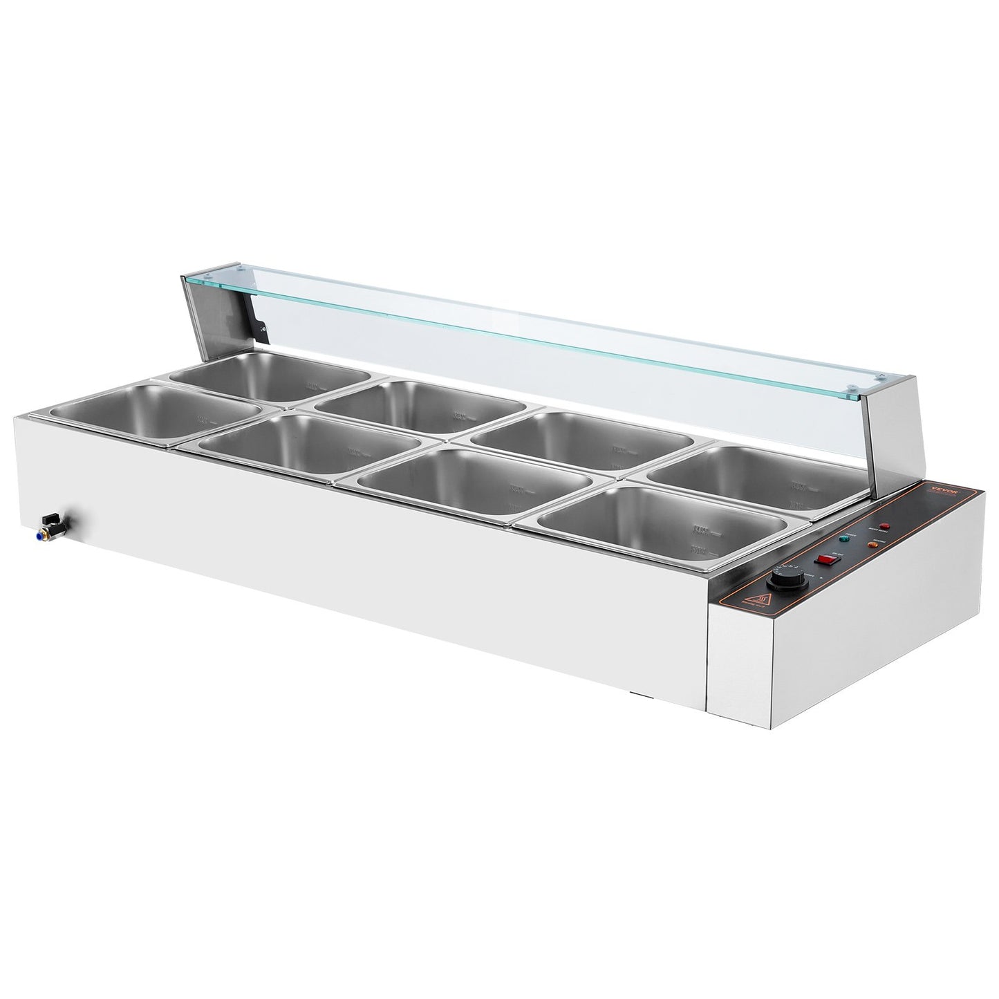 8-Pan Commercial Food Warmer, 8 x 8QT Electric Steam Table with Glass Cover, 1700W Countertop Stainless Steel Buffet Bain Marie 86-185°F Temp Control for Catering, Restaurants, Silver