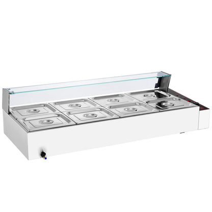 8-Pan Commercial Food Warmer, 8 x 8QT Electric Steam Table with Glass Cover, 1700W Countertop Stainless Steel Buffet Bain Marie 86-185°F Temp Control for Catering, Restaurants, Silver